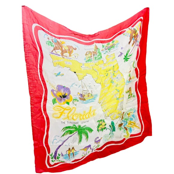 Vintage Florida Map Silk Scarf 1950s State Hand Rolled Pre Disney Red Big 31x31